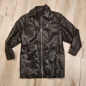 Women's Oversized Faux Black Leather Bomber Jacket Mid Length XS